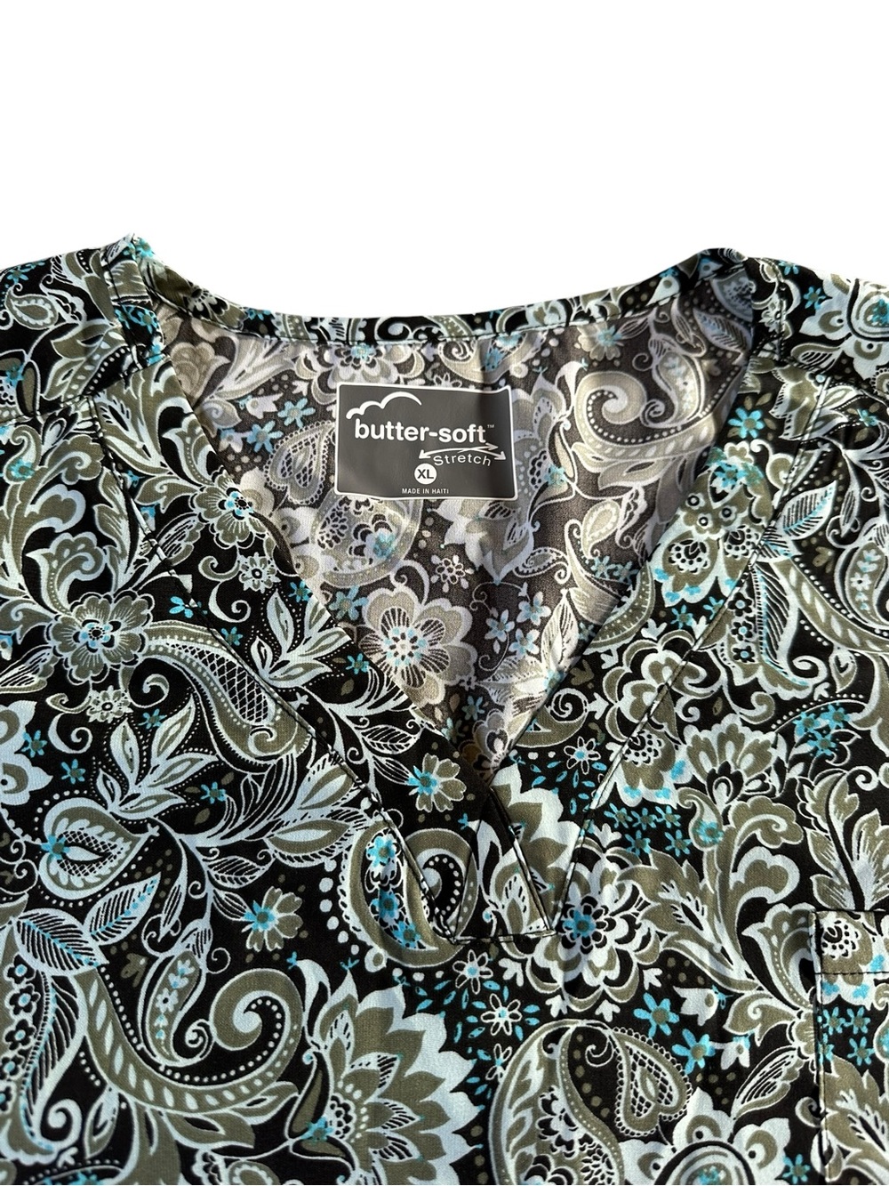 Butter-Soft Black Green Paisley Short Sleeve V-Neck Scrub Top XL - Picture 3 of 10